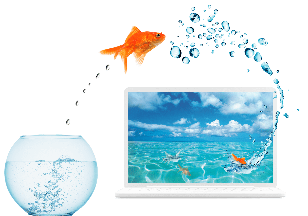 Golden fish jumps out of a small glass bowl into an ocean that is in a laptop screen